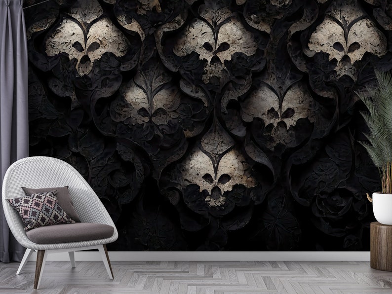Dark Gothic Peel and Stick Wallpaper, Victorian Damask Removable
