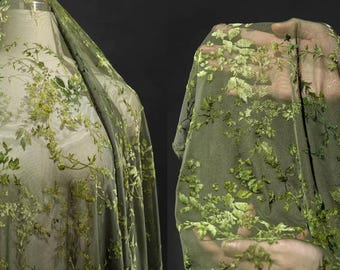 Groene geborduurde gaasstof, stretchkantstof, bloemen geborduurde stof, pure tule stof, getextureerde gevlokte stof, per meter, A186