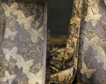 Jacquard-Stoff, Schmetterlings-Stoff mit Goldfaden, schwarzer Grundstoff, Strukturstoff, glänzender Stoff, Glitzerstoff, Stoff im chinesischen Stil, A45