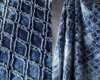 Denim Fabric, Geometric Tie-Dye Fabric, Blue Fabric, Grid Pattern Fabric, Heavyweight Washed Fabric, 3D Jacquard Fabric, Trousers Cloth, A6