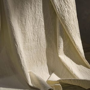 Może przedstawiać: Zbliżenie kremowej tkaniny o teksturowanym, pomarszczonym wyglądzie. Tkanina jest udrapowana, z fałdami i cieniami tworzącymi głębię. Materiał wydaje się miękki i lekki, prawdopodobnie len lub bawełna.