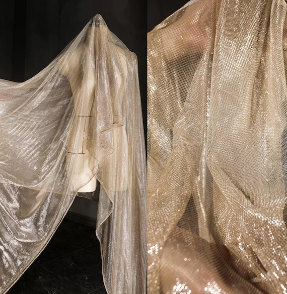Gold Mesh Fabric, Lurex Thread Fabric, Shiny Finish Fabric, Hollow-out Fabric, Luminous Fabric, Sheer Fabric, White Tulle Fabric, A123-1