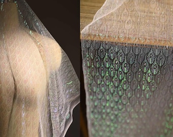 White Mesh Fabric, Peacock Feather Pattern Fabric, Hollow-Out Fabric, Semi-Sheer Fabric, Glow Fabric, Black Blue Tulle Fabric, A12-2