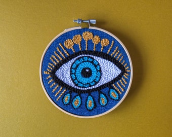 Denim Punch Needle Wall Hanging | Home Decor | Evil Eye | Boho | Art Wall Decor | Circular Wall Hanging | Customisable