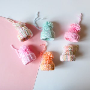 Handmade Wool Bobble Hat Christmas Tree Ornament Decorations Set of 6 in Pastel Multicoloured image 1