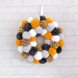 Large Pom Pom Hanging Wreath in Grey, White and Mustard image 1