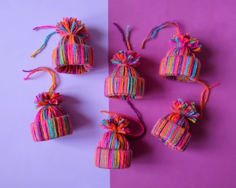 Handmade Wool Bobble Hat Christmas Tree Ornament Decorations Set of 6 Rainbow Multicoloured
