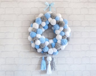 Large Door Wall Hanging Pom Pom Wreath Decoration with Tassels | Bedroom Baby Room | Blue Grey White | Customisable