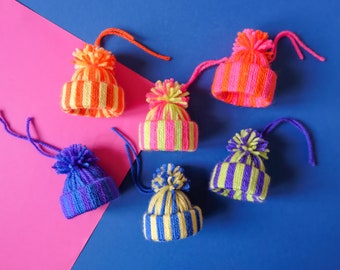 Handmade Wool Bobble Hat Christmas Tree Ornament Decorations Set of 6 in Neon Mulitcoloured