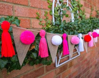 Pom Pom Tassel Garland Bunting Hessian | Garden Decoration | Valentines Romantic | Party | Festival Fiesta | Hanging