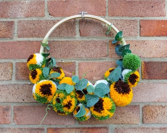 Spring Floral Sunflower Eucalyptus Flower Pom Pom Hanging Wreath