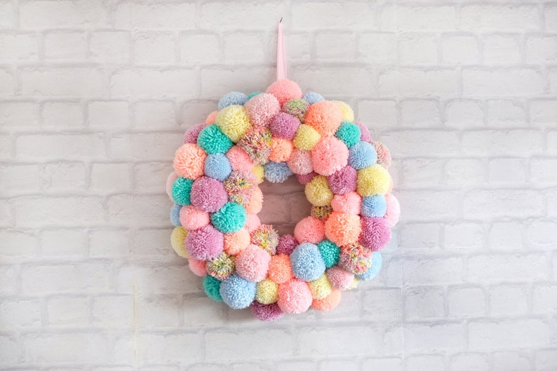 Large Door Wall Hanging Pom Pom Wreath Pastel Rainbow image 1