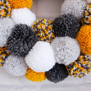 Large Pom Pom Hanging Wreath in Grey, White and Mustard image 4