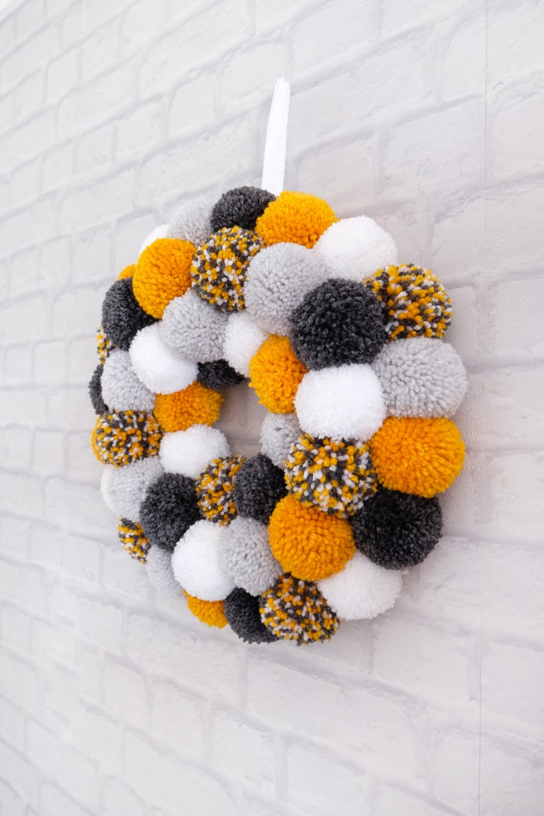 Large Pom Pom Hanging Wreath in Grey, White and Mustard image 2