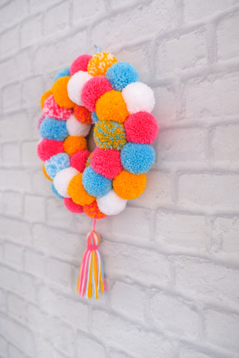 Mini Door Hanging Pom Pom Wreath with Tassel Tropical Summer Colours Pink Orange Blue White image 6