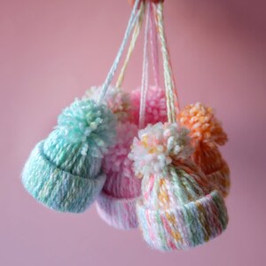 Handmade Wool Bobble Hat Christmas Tree Ornament Decorations Set of 6 in Pastel Multicoloured image 8