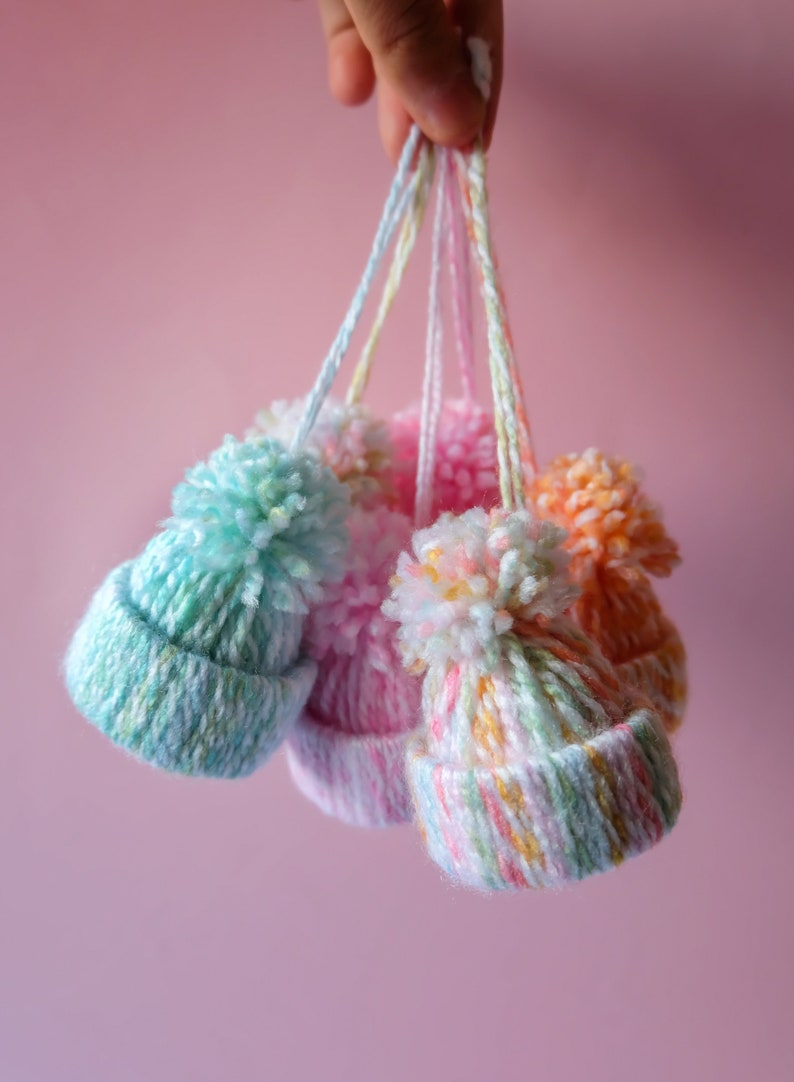 Handmade Wool Bobble Hat Christmas Tree Ornament Decorations Set of 6 in Pastel Multicoloured image 8