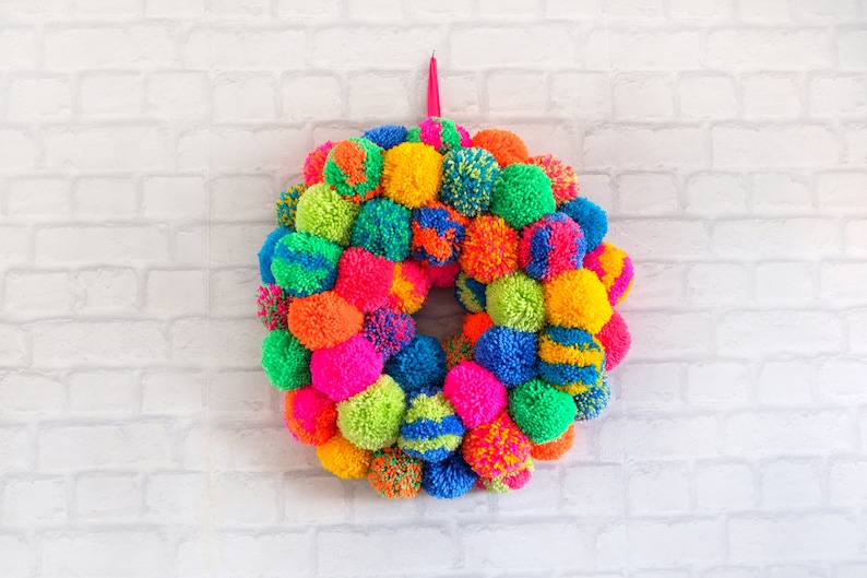 Large Door Wall Hanging Pom Pom Wreath Rainbow Multi image 1