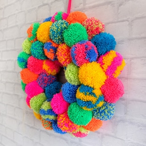 Rainbow Christmas Pom Pom Wreath Hanging Wall Door Wreath Multi Coloured Colourful image 2