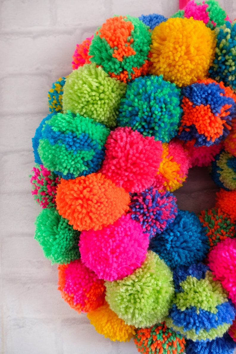 Rainbow Christmas Pom Pom Wreath Hanging Wall Door Wreath Multi Coloured Colourful image 4