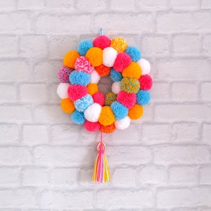 Mini Door Hanging Pom Pom Wreath with Tassel Tropical Summer Colours Pink Orange Blue White image 3