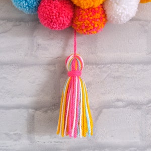 Mini Door Hanging Pom Pom Wreath with Tassel Tropical Summer Colours Pink Orange Blue White image 7