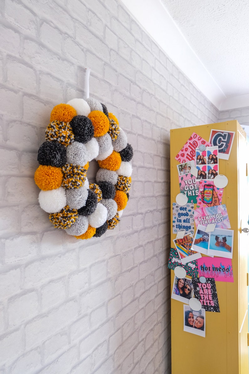 Large Pom Pom Hanging Wreath in Grey, White and Mustard image 5