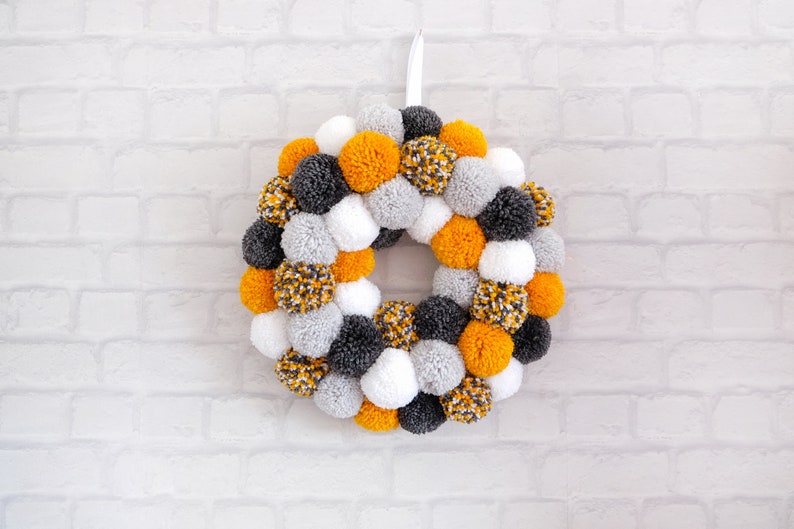 Large Pom Pom Hanging Wreath in Grey, White and Mustard image 1
