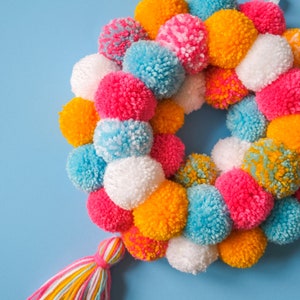 Mini Door Hanging Pom Pom Wreath with Tassel Tropical Summer Colours Pink Orange Blue White image 2