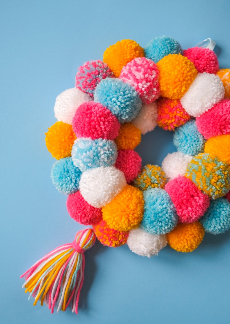 Mini Door Hanging Pom Pom Wreath with Tassel Tropical Summer Colours Pink Orange Blue White image 2