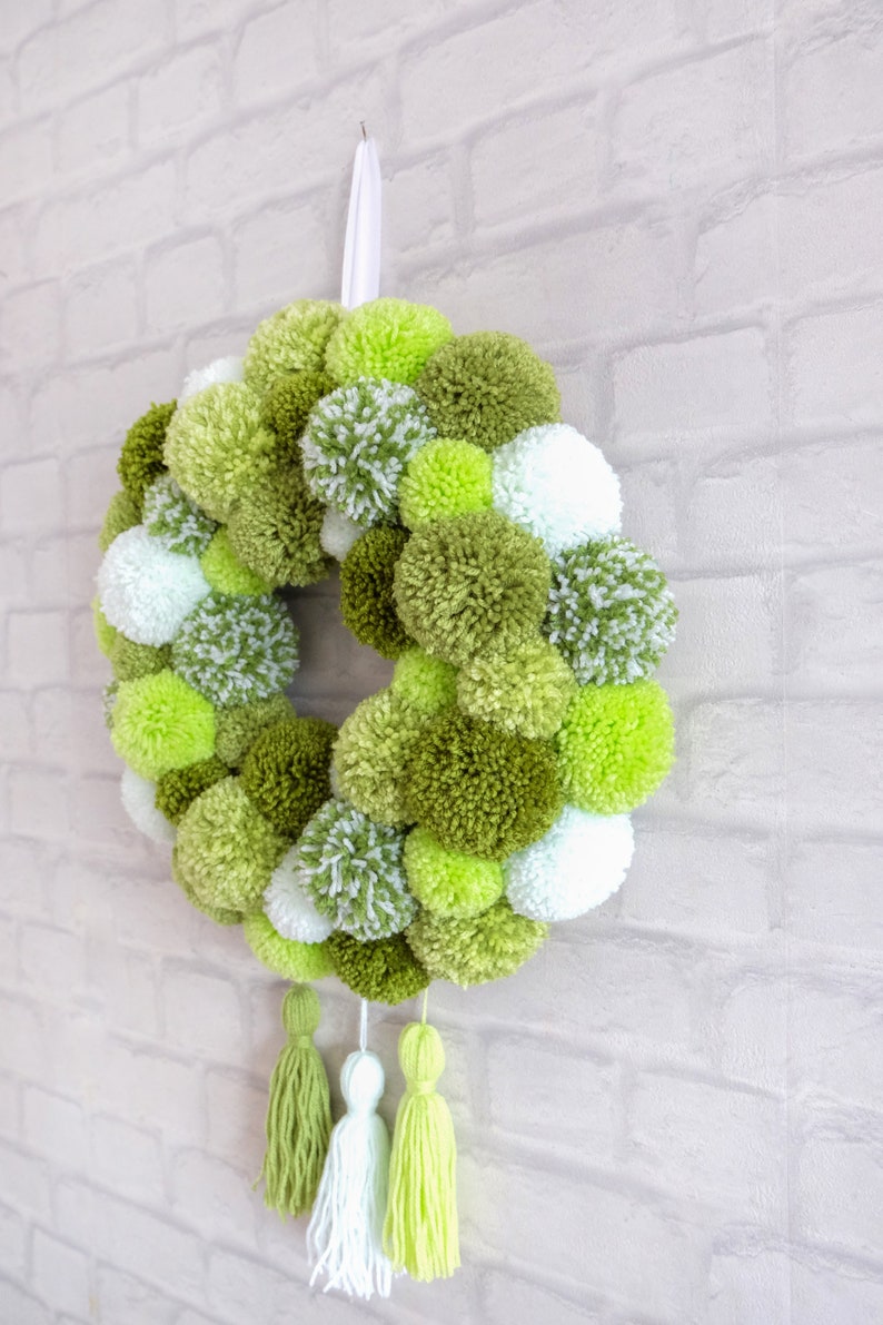 Door Wall Hanging Pom Pom Wreath Shades of Green Boho Etsy