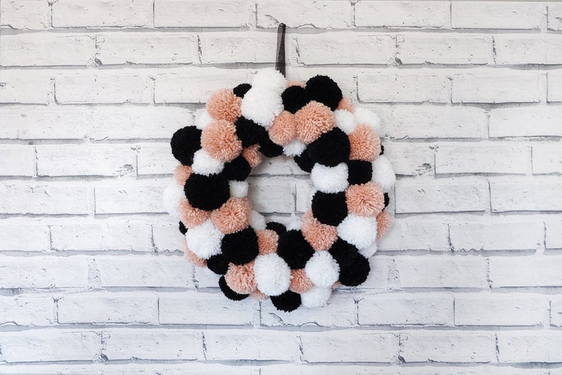 Pom Pom Wreath Door Wall Hanging Pink Black White Home Decor image 1