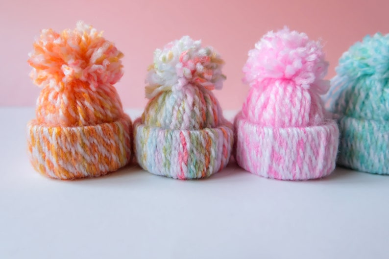 Handmade Wool Bobble Hat Christmas Tree Ornament Decorations Set of 6 in Pastel Multicoloured image 7