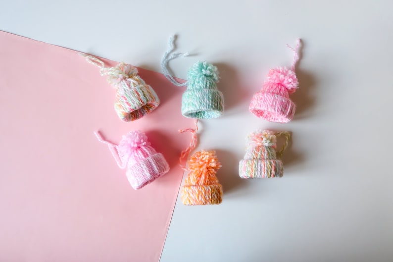 Handmade Wool Bobble Hat Christmas Tree Ornament Decorations Set of 6 in Pastel Multicoloured image 1