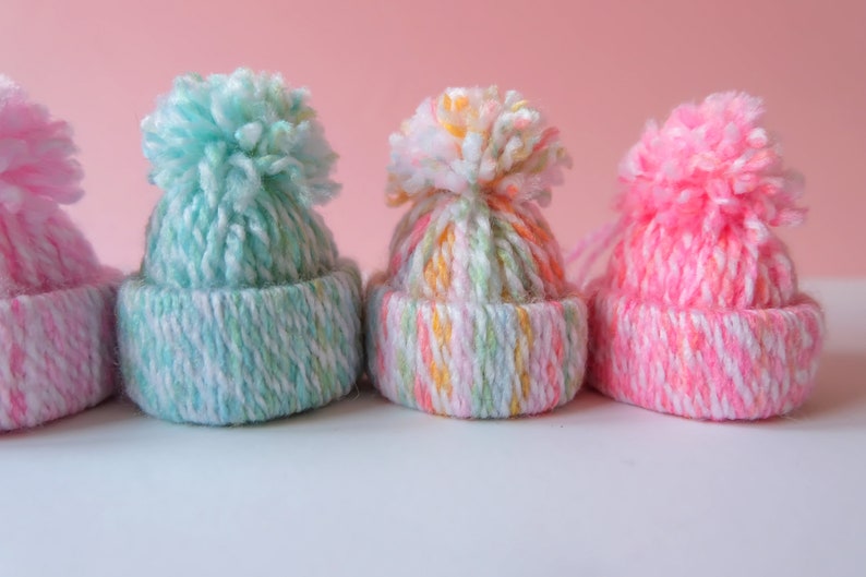 Handmade Wool Bobble Hat Christmas Tree Ornament Decorations Set of 6 in Pastel Multicoloured image 6