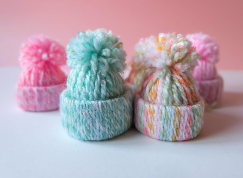 Handmade Wool Bobble Hat Christmas Tree Ornament Decorations Set of 6 in Pastel Multicoloured image 5