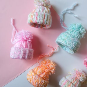 Handmade Wool Bobble Hat Christmas Tree Ornament Decorations Set of 6 in Pastel Multicoloured image 3