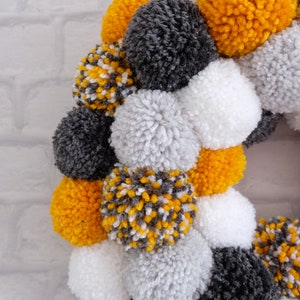 Large Pom Pom Hanging Wreath in Grey, White and Mustard image 3