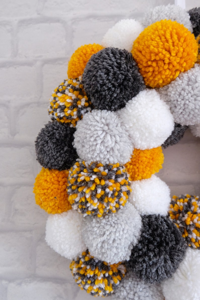 Large Pom Pom Hanging Wreath in Grey, White and Mustard image 3