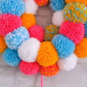 Mini Door Hanging Pom Pom Wreath with Tassel Tropical Summer Colours Pink Orange Blue White image 5