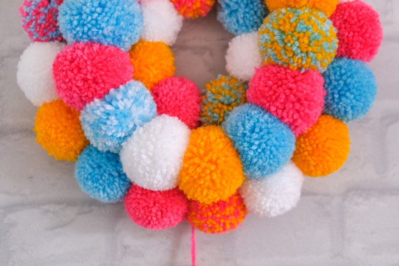 Mini Door Hanging Pom Pom Wreath with Tassel Tropical Summer Colours Pink Orange Blue White image 5