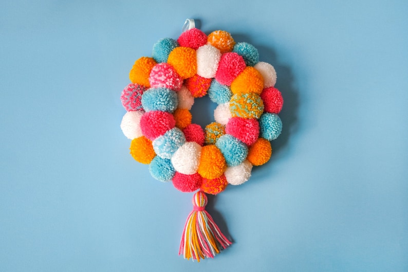 Mini Door Hanging Pom Pom Wreath with Tassel Tropical Summer image 1