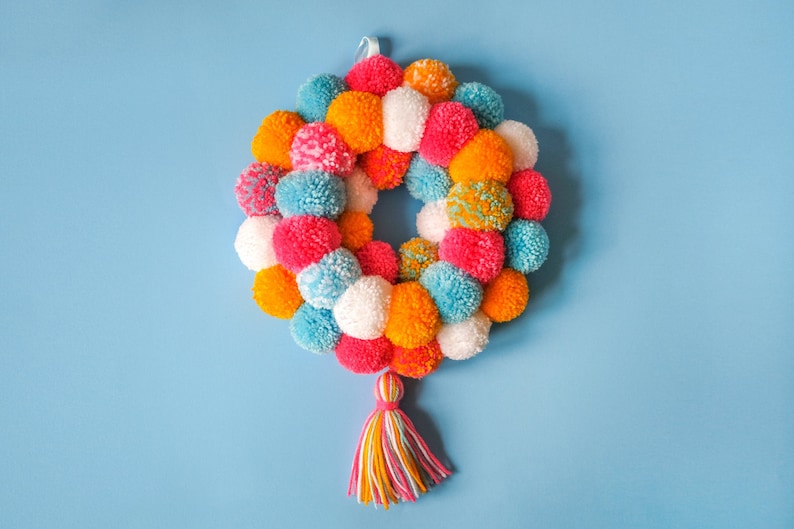 Mini Door Hanging Pom Pom Wreath with Tassel Tropical Summer Colours Pink Orange Blue White image 1