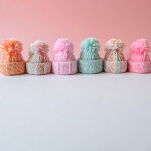 Handmade Wool Bobble Hat Christmas Tree Ornament Decorations Set of 6 in Pastel Multicoloured image 2