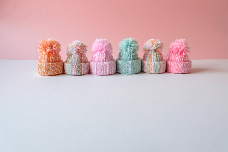 Handmade Wool Bobble Hat Christmas Tree Ornament Decorations Set of 6 in Pastel Multicoloured image 2