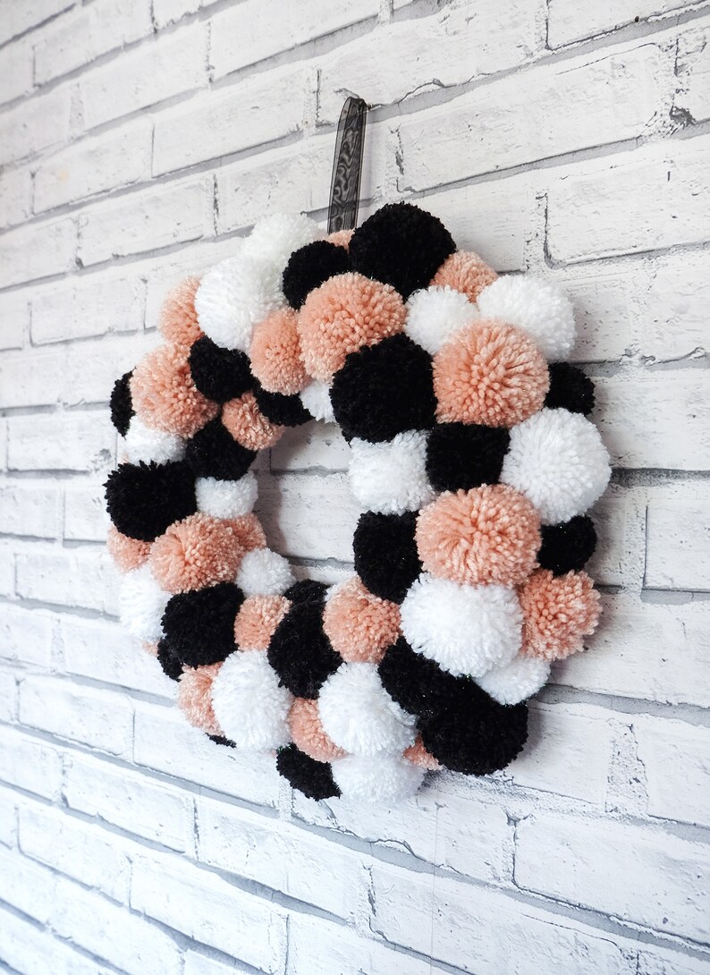 Pom Pom Wreath Door Wall Hanging Pink Black White Home Decor image 3