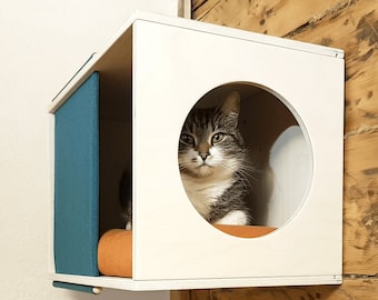 Wall mounted cat perch with steps and cushion/ Cat wall bed/ Cat shelf/ Cat steps