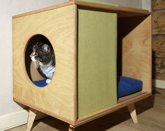 Wooden Pet house with textile panel, Cat house, Side table pet bed, Vintage indoor dog house, Cat dog bed, Scandinavian furniture for pet