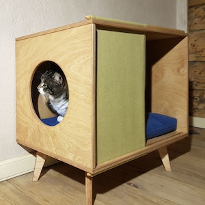 Wooden Pet house with textile panel, Cat house, Side table pet bed, Vintage indoor dog house, Cat dog bed, Scandinavian furniture for pet