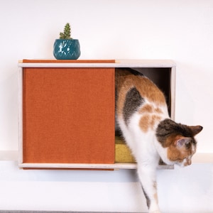 Wall mounted cat perch with textile panel / Minimalist cat house
